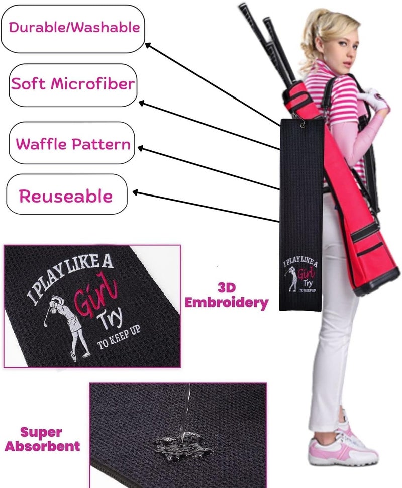 botogift Funny Golf Towel, I Play Like A Girl Try to Keep up - Golf Gifts for Women, Golf Accessories for Women, Embroidered Towels for Bags with Clip, Black - Image 4